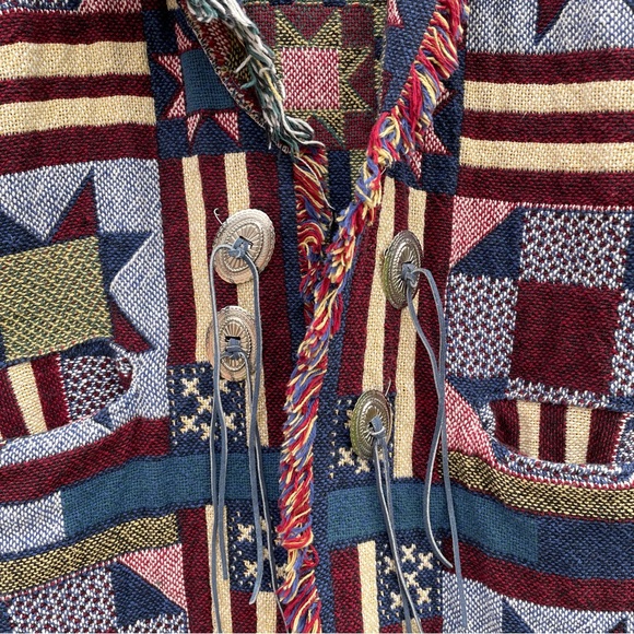 Handcrafted | Reworked Tapestry Fringe Blanket Cardigan Coat Quilt-Look Pattern - Picture 10 of 16